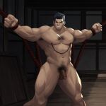  1boy armpit_hair armpits bara bdsm black_hair bondage bound clenched_hands completely_nude darius_(league_of_legends) feet_out_of_frame hairy highres large_pectorals league_of_legends looking_to_the_side male_focus manly mature_male multicolored_hair muscular muscular_male nipple_chain nipple_piercing nipples nude outstretched_arms pectorals penis piercing pubic_hair rope scar scar_on_face short_hair solo spiked_hair spread_arms spread_legs teeth testicles thick_arms thick_eyebrows thick_thighs thighs wanchibaby white_hair wooden_floor 