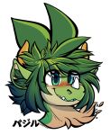  absurd_res anthro aquamarine_eyes basil_razhak_lenange basilthedragon big_eyes blue_tongue blush cute_expression dragon ear_piercing facial_horn fur green_eyes happy hi_res horn humanoid japanese_text male nose_horn piercing smile solo text tongue 