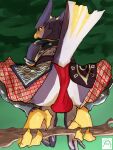  anthro asian_clothing avian beak bird branch bulge butt clothed clothing crouching demon east_asian_clothing epicbassface feathers fundoshi glowing glowing_eyes hi_res japanese_clothing male owl owl_demon perched rear_view solo tail_feathers talons underwear winged_arms wings 