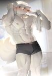  2022 absurd_res anthro bathroom black_clothing black_underwear blush building clothed clothing fur goldlightyou hi_res house male muscular muscular_anthro muscular_male owo shower therianthrope topless topless_anthro towel underwear white_body white_fur 