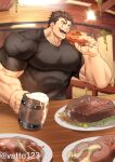  1boy absurdres alcohol artist_name bara beer beer_mug biceps brown_eyes brown_hair chicken_(food) chicken_leg covered_nipples cup food highres large_pectorals light_particles looking_to_the_side male_focus manly mature_male meat mug muscular muscular_male nipples open_mouth original pectorals restaurant shirt short_hair solo sparkle spiked_hair steak t-shirt table teeth thick_arms thick_eyebrows tongue twitter_username vatto_(1997522adachi) wood wooden_table 