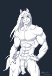  2022 abs alternate_version_at_source animal_genitalia animal_penis anthro balls equid equine_penis flaccid genitals hair hand_on_hip hi_res lapinbeau long_hair male mammal monochrome muscular muscular_anthro muscular_male penis signature smile solo solo_focus 