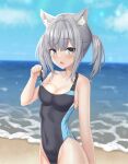  1girl animal_ear_fluff animal_ears bangs beach black_one-piece_swimsuit blue_archive blue_eyes blue_sky breasts chinese_commentary clothes_pull cloud commentary_request competition_swimsuit covered_navel cross_hair_ornament day extra_ears fang grey_hair groin hair_ornament halo highleg highleg_swimsuit highres horizon low_ponytail medium_breasts medium_hair mismatched_pupils multicolored_clothes multicolored_swimsuit ocean one-piece_swimsuit outdoors shiroko_(blue_archive) shiroko_(swimsuit)_(blue_archive) sky solo swimsuit swimsuit_pull yudaneko 