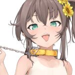  1girl belt_collar blush brown_hair buckle chain chain_leash collar flower green_eyes hair_flower hair_ornament heart heart-shaped_buckle hololive leash long_hair looking_at_viewer mitsuru_(pixiv_34028718) natsuiro_matsuri one-piece_tan open_mouth plant_request side_ponytail tan tanlines tongue tongue_out topless unfinished upper_body 