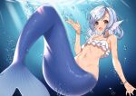  1girl :d air_bubble bangs bare_arms bare_shoulders bikini bikini_top_only blue_hair bracelet braid bubble commentary_request day elliot_leucosia enjo_kouhai head_fins jewelry kneeless_mermaid light_rays looking_at_viewer mermaid monster_girl monsterification navel open_mouth purple_eyes short_hair side_braid smile solo stomach sunbeam sunlight swept_bangs swimsuit takunomi underwater white_bikini 