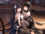  2girls absurdres azuma_(azur_lane) azuma_(soft_voice_of_spring)_(azur_lane) azur_lane backless_outfit bare_shoulders black_dress black_flower black_garter_straps black_hair black_rose bodystocking breast_press breasts chen_hai_(azur_lane) china_dress chinese_clothes dearduam dress elbow_gloves floral_print flower from_behind garter_straps gloves hair_flower hair_ornament highres lace-trimmed_gloves lace_trim large_breasts long_hair multiple_girls official_alternate_costume rose seiza shoulder_tattoo side_slit sitting tattoo taut_clothes taut_dress tight tight_dress white_flower yellow_eyes 