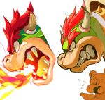 2boys angry bangs bowser bowser_jr. breathing_fire fang fire flying_sweatdrops from_side grey_background horns jiiniix male_focus mario_(series) multiple_boys multiple_views open_mouth red_hair sharp_teeth short_hair simple_background teeth tongue 