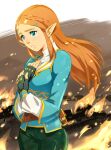  1girl bag black_gloves blouse elf fingerless_gloves fire gloves hair_ornament hairclip long_hair looking_away looking_to_the_side o/p.com orange_hair pants pointy_ears princess_zelda shirt solo standing the_legend_of_zelda the_legend_of_zelda:_breath_of_the_wild 