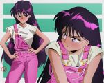  1girl absurdres bishoujo_senshi_sailor_moon blush breasts casual closed_mouth dual_persona earrings fritz_willie hair_between_eyes highres hino_rei jewelry long_hair looking_at_viewer multiple_views overalls pink_overalls purple_eyes purple_hair shirt white_shirt 