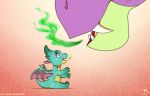  dragon fangs friendship_is_magic green_body green_scales hasbro hi_res inuhoshi-to-darkpen membrane_(anatomy) membranous_wings my_little_pony purple_body purple_scales scales sitting size_difference sparkles sparky_sparkeroni_(mlp) spike_(mlp) turquoise_scales wings 