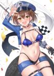 1girl :d arm_up azur_lane baltimore_(azur_lane) baltimore_(finish_line_flagbearer)_(azur_lane) bangs bikini black_bikini black_choker black_gloves blue_bikini blue_footwear blue_headwear blue_jacket blush boots braid breasts brown_hair chest_harness choker cleavage collarbone commentary confetti cowboy_shot cropped_jacket flag french_braid gloves groin hair_between_eyes harness hat highleg highleg_bikini highres holding holding_pole itaba_atsushi jacket looking_at_viewer medium_breasts micro_shorts mismatched_bikini navel o-ring official_alternate_costume open_clothes open_jacket open_mouth peaked_cap pole race_queen short_hair shorts sidelocks simple_background single_glove single_thigh_boot sitting smile solo stomach swimsuit thigh_boots tire white_background yellow_eyes 