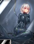  1girl azur_lane bdsm blush bodysuit bound breasts chain collar highres large_breasts latex latex_bodysuit looking_at_viewer mermaid midnight_(banyex) monofin monster_girl red_eyes restrained short_hair sirius_(azur_lane) solo white_hair 