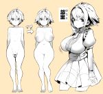  1boy 1girl bar_censor breasts censored commentary_request dual_persona esouko genderswap genderswap_(mtf) highres large_breasts looking_at_viewer navel nipples nude original penis puffy_short_sleeves puffy_sleeves pussy reference_sheet short_hair short_sleeves simple_background skirt standing translation_request 