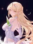  1girl absurdres bare_back bare_shoulders black_background blonde_hair braid breasts closed_mouth dress elbow_gloves feathers from_behind gloves highres long_hair looking_at_viewer medium_breasts mythra_(xenoblade) revision roi_(liu_tian) simple_background smile solo tiara very_long_hair wedding_dress white_gloves xenoblade_chronicles_(series) xenoblade_chronicles_2 yellow_eyes 