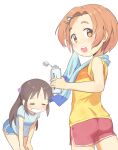  2girls ass bottle brown_hair hair_ornament hairclip idolmaster idolmaster_cinderella_girls idolmaster_cinderella_girls_starlight_stage long_hair multiple_girls musical_note orange_eyes orange_hair ryuzaki_kaoru short_hair short_shorts shorts tachibana_arisu water_bottle white_background yama_tatsuo 