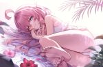  1girl ahoge ass bikini blue_archive blue_eyes flower frilled_bikini frills heterochromia hoshino_(blue_archive) hoshino_(swimsuit)_(blue_archive) light_smile looking_at_viewer lying on_side palm_leaf pink_hair pong_(vndn124) silhouette soles solo swimsuit toes white_bikini yellow_eyes 