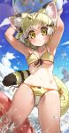  1girl :o absurdres animal_ear_fluff animal_ears armpits arms_up ass_visible_through_thighs ball bangs beachball bikini black_hair blonde_hair blue_sky blurry blurry_background blush breasts cat_ears cat_girl cat_tail collarbone day extra_ears feet_out_of_frame floating_hair front-tie_bikini_top front-tie_top highres holding holding_ball holding_beachball kemono_friends legs_apart looking_at_viewer medium_hair melaton multicolored_hair navel one-piece_tan outdoors parted_lips sand_cat_(kemono_friends) side-tie_bikini_bottom sky small_breasts solo splashing standing stomach striped_tail swimsuit tail tan tanlines underboob water white_hair 