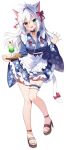  1girl :d aina_rive animal_ear_fluff animal_ears apron bangs bell black_choker blue_eyes blue_kimono bow breasts brown_footwear cat_ears cat_girl cat_tail choker cleavage collarbone commission cup drinking_glass frilled_apron frilled_kimono frills full_body hair_between_eyes hair_intakes hands_up heterochromia high_heels holding holding_tray japanese_clothes jingle_bell kimono looking_at_viewer maid_headdress mauve medium_breasts neck_bell original pixiv_request red_bow simple_background smile solo standing standing_on_one_leg tail tail_bow tail_ornament tray wa_maid white_apron white_background white_hair yellow_eyes 