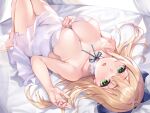  bangs bare_arms bare_legs bare_shoulders barefoot blonde_hair blue_bow blush bow breasts breath choker cleavage covered_navel dress feet frilled_dress frills green_eyes hair_bow hair_intakes highres knees_out_of_frame knees_up large_breasts long_hair looking_at_viewer lying nagiha_kuten neck_ribbon no_bra no_panties on_back on_bed original ribbon see-through short_dress skindentation stomach strapless strapless_dress undressing white_choker white_dress 