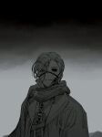 1boy bags_under_eyes chest_guard empty_eyes fate/grand_order fate_(series) gradient gradient_background grey_background greyscale hair_over_one_eye hair_pulled_back haori highres japanese_clothes looking_at_viewer male_focus mask monochrome mouth_mask parted_lips qmiqun scarf smile solo upper_body yamanami_keisuke_(fate) 
