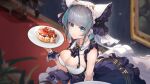  1girl :3 absurdres animal_ears arm_garter azur_lane blue_eyes breasts cake cheshire_(azur_lane) cleavage dearduam detached_sleeves fake_animal_ears food frilled_hairband frilled_ribbon frills grey_hair hairband highres holding holding_plate large_breasts long_ribbon maid maid_headdress multicolored_hair plate puffy_detached_sleeves puffy_sleeves purple_apron ribbon short_hair streaked_hair upper_body wrist_cuffs 