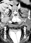  1boy 2girls adapted_costume animal_ears blush breasts cat_ears clothes_lift dress dress_lift greyscale kaenbyou_rin komeiji_satori large_breasts lifted_by_self monochrome multiple_girls panties saliva side-tie_panties skirt skirt_hold skirt_lift solo_focus tomoki_tomonori tongue tongue_out touhou translation_request underwear 