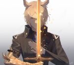  1boy animal_ear_fluff animal_ears arknights black_jacket blonde_hair elbow_gauntlets facing_viewer gauntlets glowing glowing_sword glowing_weapon gradient gradient_background highres holding holding_sword holding_weapon horse_boy horse_ears jacket meo_(1271884559) mlynar_(arknights) orange_eyes short_hair signature single_gauntlet solo sword trench_coat weapon 