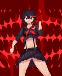  1girl absurdres black_hair blue_eyes blush breasts gloves highres ke_zhongxiao_niao kill_la_kill matoi_ryuuko medium_breasts microskirt multicolored_hair muscular navel pleated_skirt revealing_clothes skirt smile solo suspenders thighhighs two-tone_hair 
