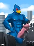  3:4 absurd_res avian balls big_penis bird blue_body blush bodily_fluids building city crush cum cum_on_ground cum_on_penis destruction erection falco_lombardi gasmaskfox genital_fluids genitals hi_res macro nintendo penis star_fox video_games worship 