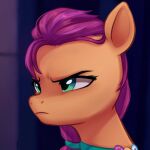  1:1 2021 absurd_res angry badge bust_portrait digital_media_(artwork) earth_pony equid equine eyebrows eyelashes female frown green_eyes hair half-closed_eyes hasbro hi_res horse mammal marenlicious mlp_g5 my_little_pony narrowed_eyes orange_body pink_hair pony portrait solo sunny_starscout_(mlp) unimpressed 