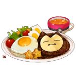  absurdres cherry_tomato crouton egg_(food) food food_focus fried_egg hamburger_steak highres no_humans plate poke_ball_symbol pokemon salad snorlax soup star_(symbol) still_life studiolg tomato watermark white_background 