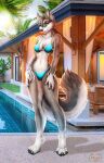  2022 4_toes 5_fingers anthro bikini black_nose breasts canid canine canis clothed clothing day detailed_background digital_media_(artwork) domestic_dog eyebrows eyelashes feet female fingers hi_res looking_at_viewer mammal midriff mifa navel outside pool sky smile solo swimwear toes 
