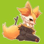  1girl animal_ear_fluff animal_ears animal_feet animal_hands animal_nose artist_name ass black_fur blush body_fur braixen closed_mouth commentary dated feet fox_ears fox_girl fox_tail full_body fur_collar furry furry_female green_background half-closed_eyes hand_to_own_mouth hand_up legs legs_together licking licking_finger light_blush looking_at_viewer lying multicolored_fur no_pussy on_side outline pawpads pokemon pokemon_(creature) ragu_(apricolor) red_eyes signature simple_background snout solo stick tail tongue tongue_out white_fur white_outline yellow_fur 