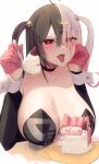  1girl black_choker black_hair blush breasts cake choker cleavage collarbone diamond-shaped_pupils diamond_(shape) food gloves heart heart-shaped_pupils highres huge_breasts indie_virtual_youtuber long_sleeves mole mole_on_breast mole_under_eye multicolored_hair open_mouth pink_gloves pink_hair red_eyes satou_daiji solo symbol-shaped_pupils tongue towa_(towa_akqj10) virtual_youtuber wrist_cuffs 