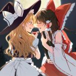  2girls back_bow bangs black_headwear black_skirt black_vest blonde_hair bottle bow brown_hair closed_eyes commentary_request cup detached_sleeves face-to-face frilled_bow frilled_hair_tubes frills from_behind from_side full_moon grin hair_bow hair_tubes hakurei_reimu hat highres holding holding_bottle kirisame_marisa long_hair looking_at_another moon multiple_girls night orange_eyes puffy_short_sleeves puffy_sleeves red_bow red_skirt red_vest ribbon-trimmed_sleeves ribbon_trim sakazuki shirt short_sleeves skirt smile touhou twitter_username upper_body vanilla_(miotanntann) vest watermark white_bow white_shirt white_sleeves wide_sleeves witch_hat 