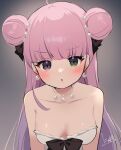  1girl absurdres bangs bare_shoulders blunt_bangs blush breasts crescent crescent_earrings crescent_necklace double_bun earrings green_eyes hair_bun heterochromia highres himemori_luna hololive jewelry long_hair looking_at_viewer medium_breasts necklace nyasunyadoora parted_lips pink_hair purple_eyes sign simple_background solo star_(symbol) star_necklace underwear virtual_youtuber 