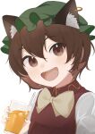  1girl :d absurdres animal_ear_fluff animal_ears bow bowtie brown_hair cat_ears chen cup drink drinking_straw earrings green_headwear happy hat highres holding holding_cup jewelry juice mob_cap mug nail_polish open_mouth palulap red_nails smile solo touhou upper_body 
