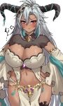  akagane_mic black_horns breasts curvy dark-skinned_female dark_skin dragon_horns draph fediel_(granblue_fantasy) granblue_fantasy hair_ornament hands_on_hips highres horns large_breasts long_hair looking_at_viewer pout purple_eyes revealing_clothes skull_hair_ornament tall_female thick_thighs thighs wide_hips 