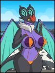  absurd_res anthro areola big_breasts blush breasts clothed clothing dragon female generation_6_pokemon genitals hi_res huge_breasts nintendo noivern outside pokemon pokemon_(species) purple_areola pussy serapi solo swimwear video_games wings 