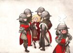  6+girls anachronism armor blush boots braid breasts cape crossover greaves helmet highres holstered_weapon knight large_breasts medieval multiple_girls original roman_empire sandals scabbard sheath single_braid surrounded sword vanishlily weapon 