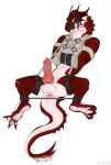  2022 anthro anus balls bdsm bondage bound claws dragon erection feet frill_(anatomy) gag genitals hi_res horn lying male mostly_nude muzzle_(object) muzzled on_back paws penis pipex red_body restraints scalie solo spread_legs spreader_bar spreading straitjacket 