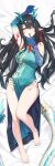  1girl ;o absurdres aqua_dress arknights arm_up armpits bangs bare_legs barefoot bed_sheet black_hair blue_nails blue_skin breasts china_dress chinese_clothes colored_skin covered_navel dragon_girl dragon_horns dragon_tail dress dusk_(arknights) earrings finger_to_mouth full_body gradient_skin green_hair highres horns jewelry large_breasts long_hair looking_at_viewer lying multicolored_hair nail_polish on_back on_bed one_eye_closed open_mouth pelvic_curtain pointy_ears red_eyes sleeveless sleeveless_dress solo streaked_hair tail tail_ornament tail_ring tassel tassel_earrings toenail_polish toenails two-tone_hair very_long_hair zayur 