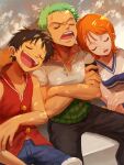  1girl 2boys :d black_hair black_pants blue_shorts breasts closed_eyes crossed_arms d: drooling green_hair hat hat_on_back head_on_another&#039;s_shoulder highres monkey_d._luffy multiple_boys nami_(one_piece) oekakiboya one_piece open_mouth orange_hair pants red_vest roronoa_zoro scar scar_on_cheek scar_on_face shirt short_hair short_sleeves shorts sleeping small_breasts smile straw_hat vest white_shirt yellow_headwear 