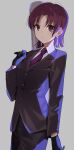  1girl bangs bazett_fraga_mcremitz black_gloves black_pants black_suit buttons closed_mouth commentary_request earrings fate/hollow_ataraxia fate_(series) formal gloves grey_background highres jewelry long_sleeves looking_at_viewer mole mole_under_eye necktie pants parted_bangs purple_eyes purple_hair purple_necktie rizu033 shirt simple_background solo suit white_shirt 