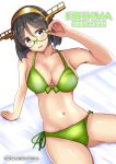  1girl absurdres alternate_costume bare_shoulders bikini black_hair blush breasts character_name cleavage collarbone commentary_request glasses green-framed_eyewear green_bikini grey_eyes headgear highres himura_moritaka kantai_collection kirishima_(kancolle) large_breasts looking_at_viewer navel open_mouth short_hair smile solo swimsuit twitter_username 