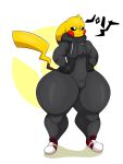  2022 anthro clothed clothing digital_drawing_(artwork) digital_media_(artwork) footwear form_fitting fur generation_1_pokemon hi_res hood hoodie huge_thighs jumpsuit male mammal nintendo omegabrawl pikachu pokemon pokemon_(species) rodent shoes simple_background smile sneakers solo thick_thighs topwear video_games yellow_body yellow_fur 