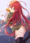  1girl absurdres alastor_(shakugan_no_shana) ass black_thighhighs bread breasts food food_in_mouth from_side green_shirt green_skirt hair_between_eyes highres jewelry long_hair long_sleeves melon_bread midriff miniskirt mouth_hold no_panties pendant red_eyes red_hair sailor_collar school_uniform serafuku shakugan_no_shana shana shirt skirt small_breasts solo thighhighs very_long_hair yonemochi_yume 