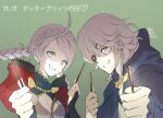  1boy 1girl ahoge atoatto bangs blue_capelet blue_eyes blue_hood braid breasts buttons capelet choker eyepatch father_and_daughter fire_emblem fire_emblem_fates flower_choker food hairband holding holding_food holding_pocky hood hood_down hooded_capelet low_twintails medium_breasts niles_(fire_emblem) nina_(fire_emblem) parted_bangs pocky pocky_day red_capelet red_hood smile translation_request twin_braids twintails white_choker white_hairband 