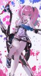 1girl absurdres arin_(1010_ssu) bangs bare_shoulders choker crossed_bangs fangs hair_ornament highres holding holding_weapon honkai_(series) honkai_impact_3rd leg_up looking_at_viewer o-ring_thigh_strap official_alternate_costume open_mouth paint_splatter pink_hair rozaliya_olenyeva_(fervent_tempo) skin_fangs solo tail thighs weapon 