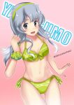  1girl absurdres alternate_costume ass_visible_through_thighs bare_shoulders bikini breasts character_name gradient gradient_background green_eyes grey_eyes grey_hair highres himura_moritaka kantai_collection looking_at_viewer medium_hair navel scrunchie side-tie_bikini_bottom small_breasts solo swimsuit thigh_gap twitter_username wrist_scrunchie yamagumo_(kancolle) 